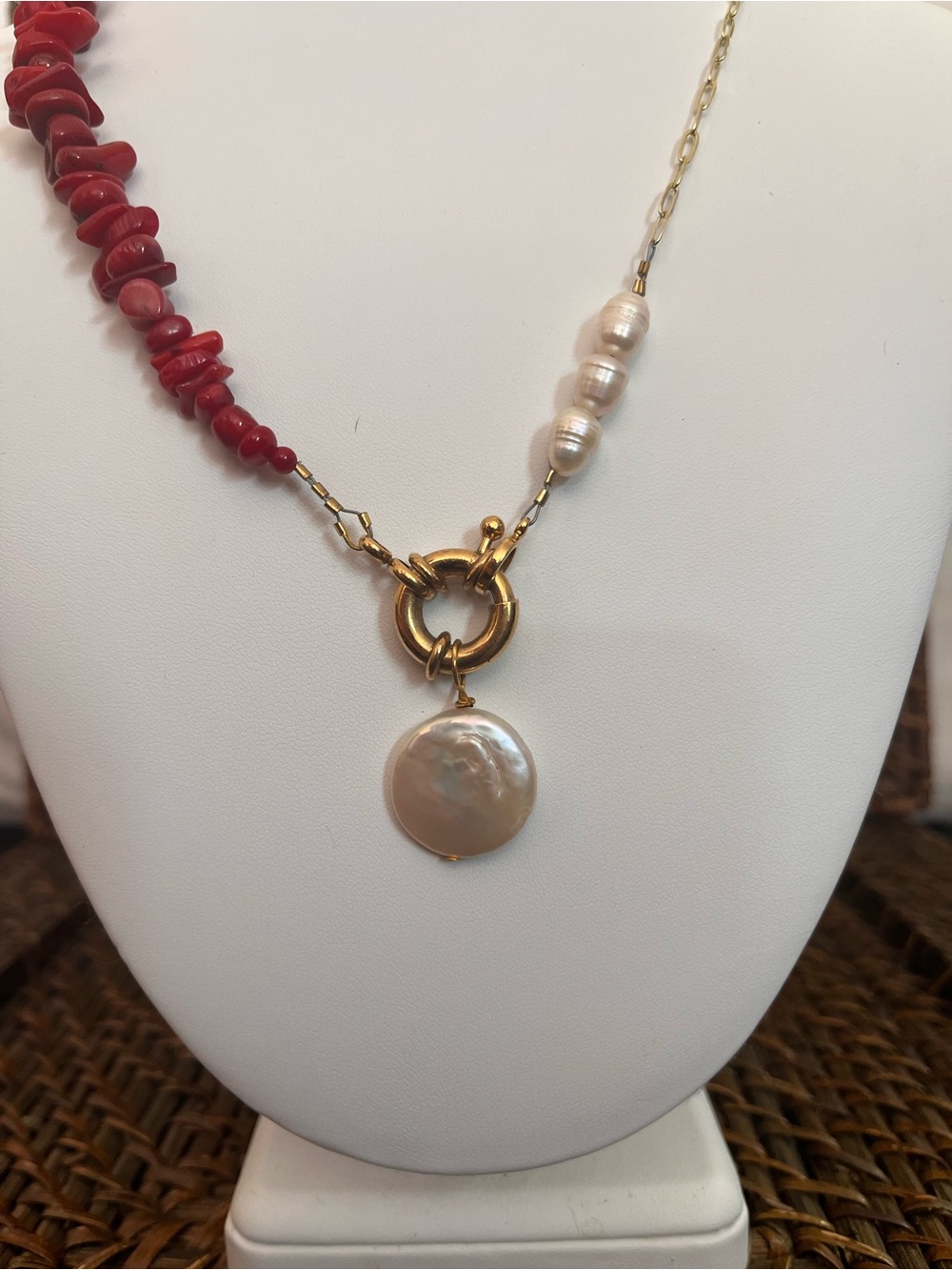 Gold Toggle Necklace with Red Coral and Pearl Pendant